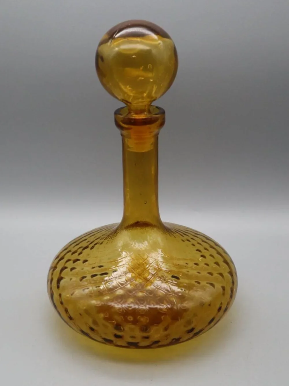 Vtg '60s Italian Empoli Amber Glass Genie Bottle Decanter Optic w/ Globe Stopper